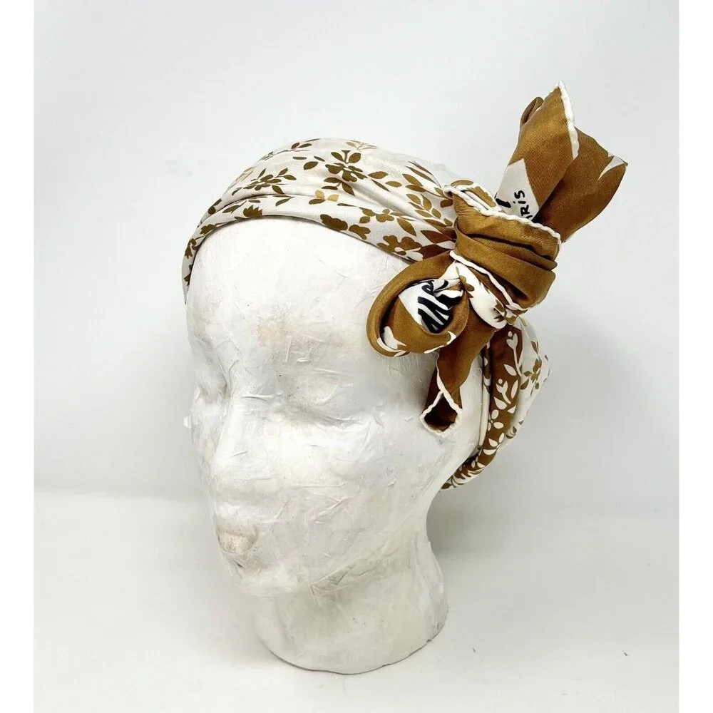 Melle Ricci Square Scarf 100% Silk Brown‎ Cream Gold Floral Bandanna 31